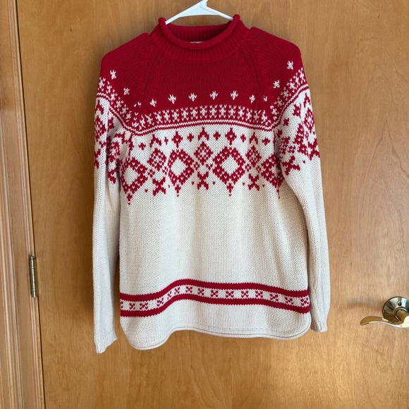 Eddie Bauer Sweaters - Eddie‎ Bauer Womens Petite Fair Isle Sweater Red Cream Mock Neck Cotton S